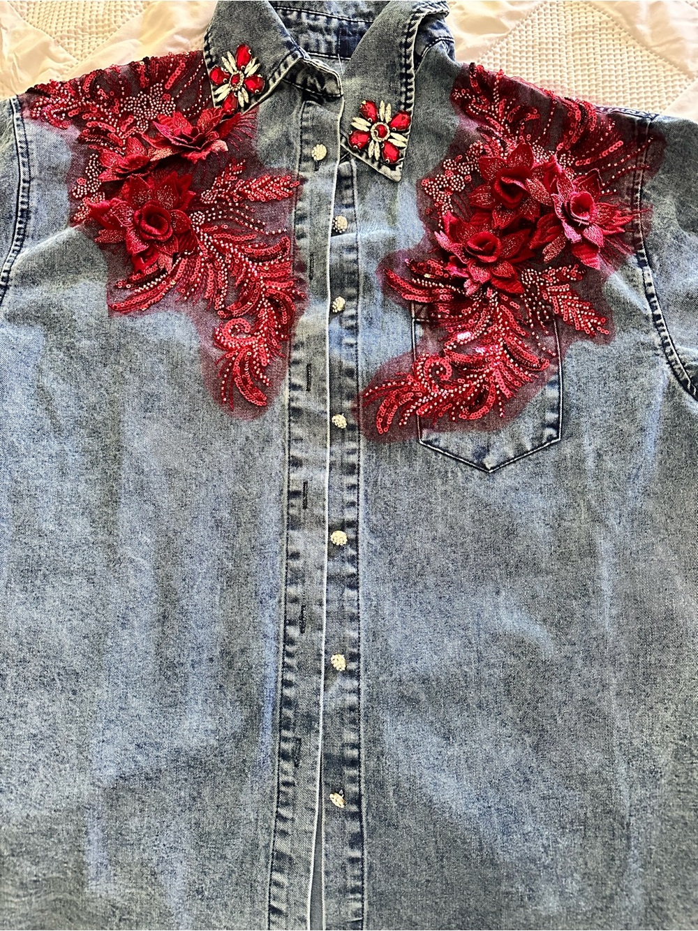 Embellished Denim Button-Down Shirt with Red Floral Appliqué